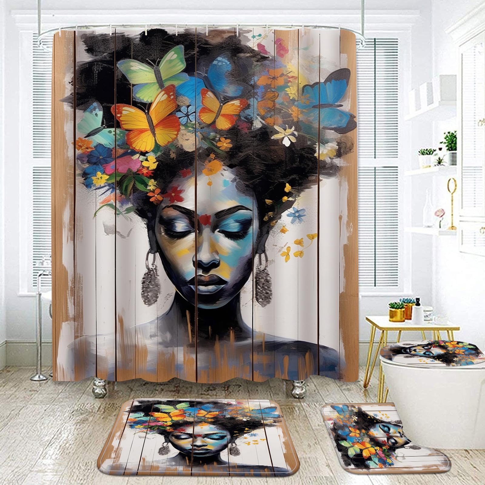 NEWSUYAA 4Pcs Black Woman Shower Curtain Sets with Bath Rugs Set,Rustic African Afro Girls Waterproof Tub Curtains Rug Mats Toilet Seat Cover Hooks Queen Women Crown Girly Kids 71 Inch Bathroom Decor