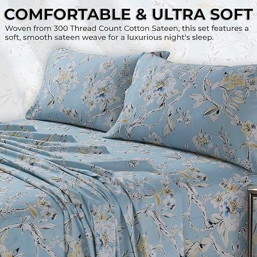 Miniatura 3 de Tribeca Living Colmar - juego de sábanas de algodón de 300 hilos, extra profundo, estampado, Algodón satén, Colmar Sky BlueMulti, King