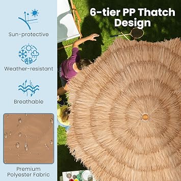 Tangkula 6.5Ft Tiki Patio Umbrella with Base, Hawaiian Style Outdoor PP Grass Umbrella with Tilt Adjustment, 8 Ribs, Thatched Beach Umbrella with Carry Bag for Garden, Yard, Deck, Pool