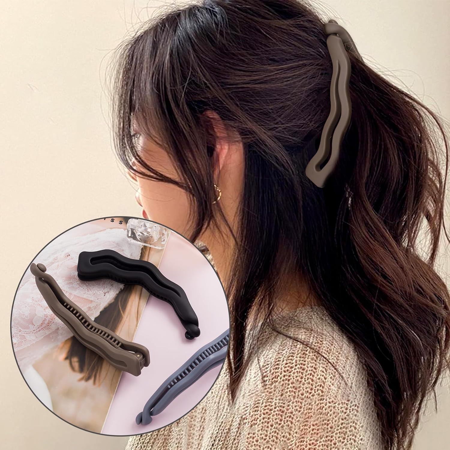 3pcs Banana Hair Clips, Non-Slip Large Hairstyle Claws for Women, Vintage 90 Style Double Combs Hairpin Accessories for Thin Curly Straight Long Hair- Gray & Light Coffee & Black - Image 5