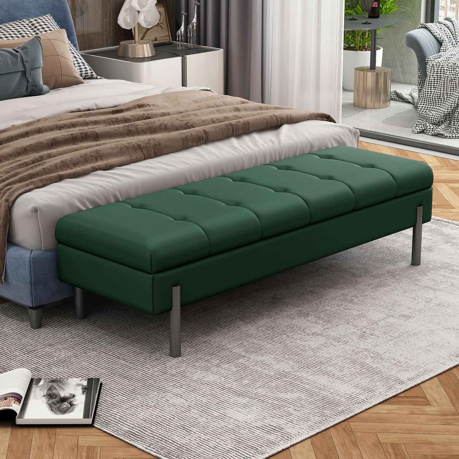 Banc d'entrée ottoman vert foncé 120cm avec coffre de rangement à chaussures