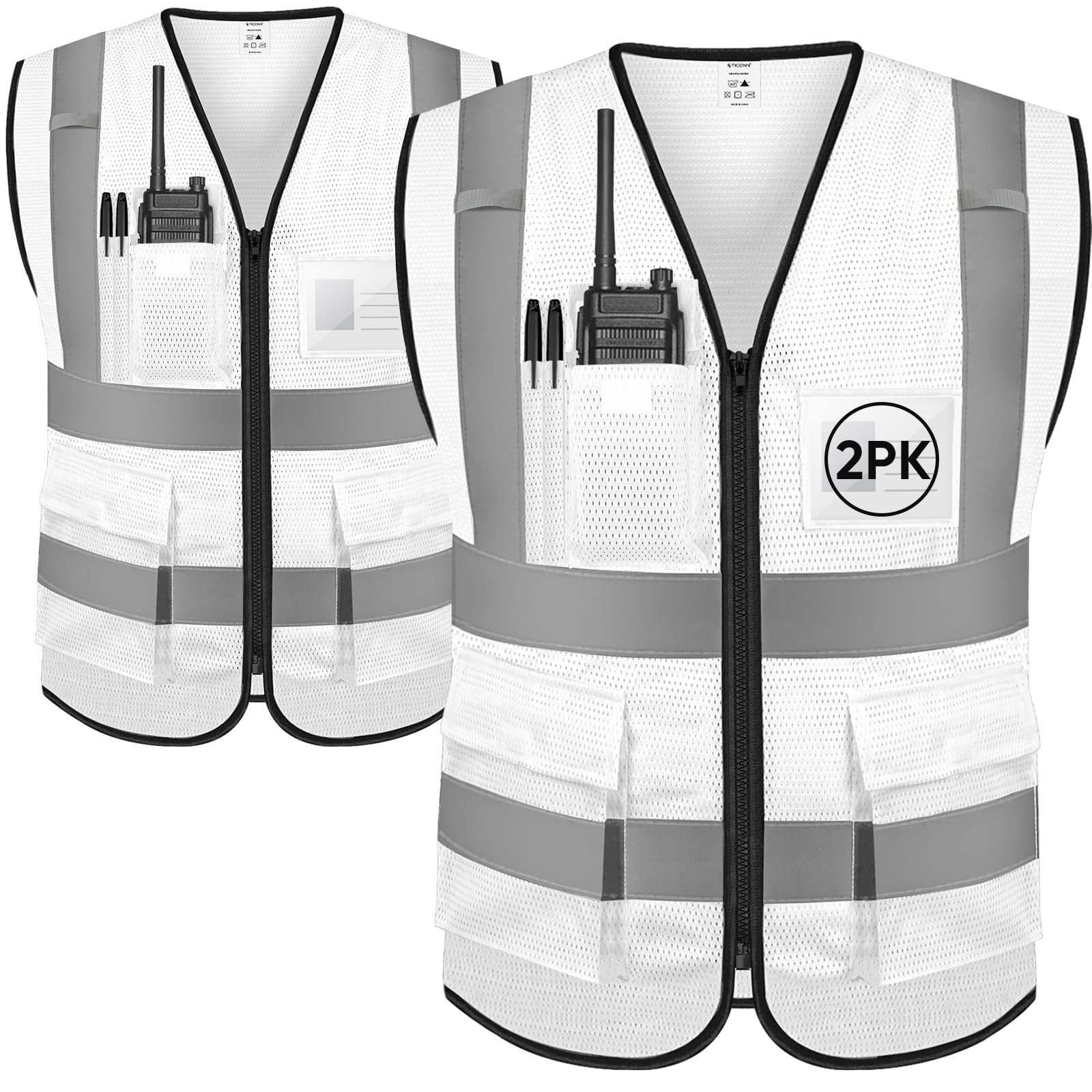 TICONN Lot de 2 gilets de sécurité réfléchissants (blanc, M, blanc), taille M, blanc, M