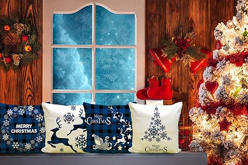 Miniatura 5 de Artmag Juego de 4 fundas de almohada decorativas de Navidad de 24 x 24 pulgadas, para exteriores, diseño de búfalo de búfalo a cuadros, con diseño