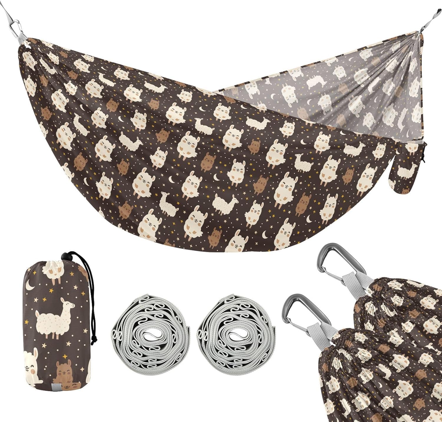 ALAZA Cute Llama Alpaca Stars Camping Hammocks Single or 2 Person 500 lbs Portable Parachute Travel Hammock w/Tree Straps for Hiking Backpacking Indoor Outdoor