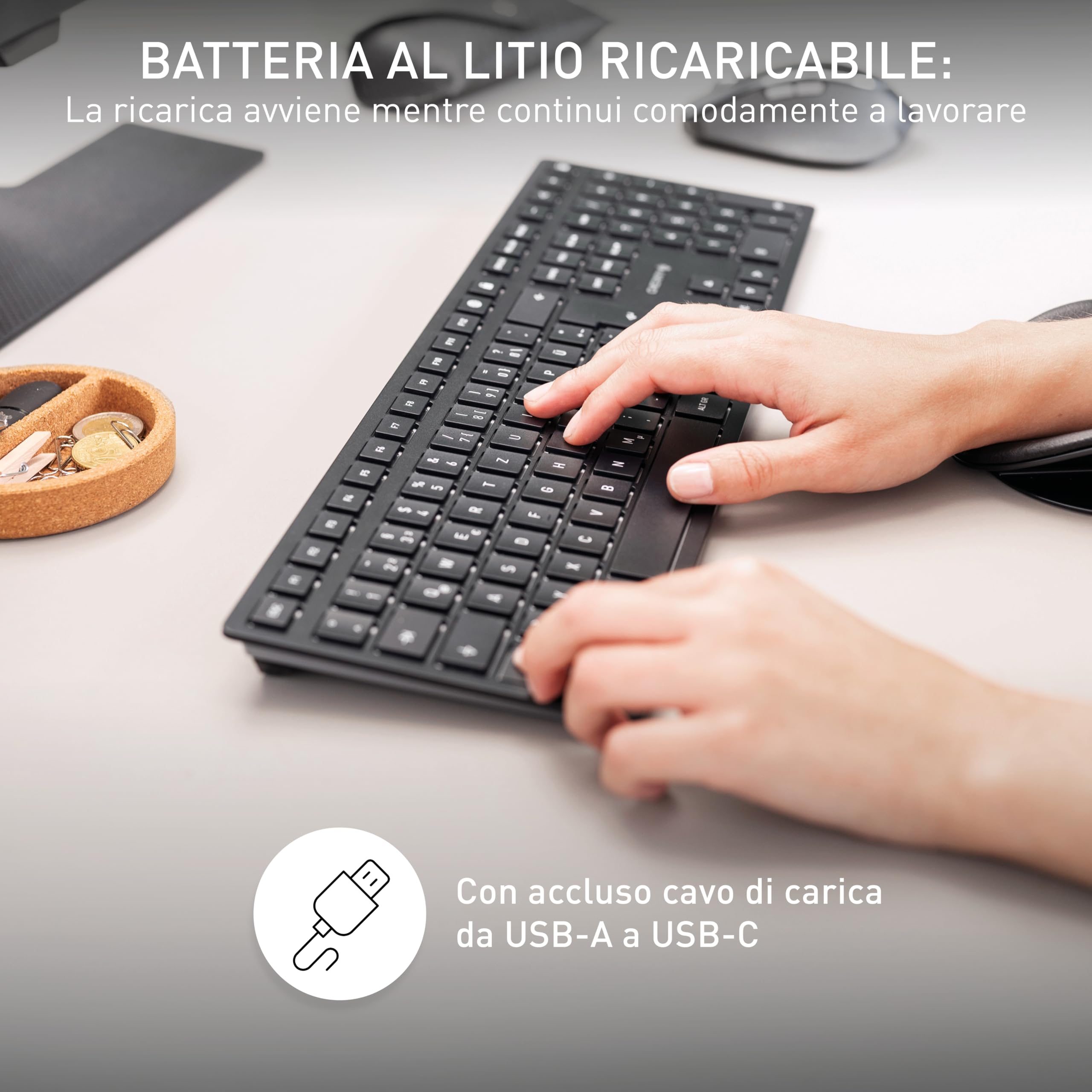 CHERRY KW 9100 SLIM, Tastiera di design Senza Fili, per l'Unione Europea QWERTY, A scelta Connessione Bluetooth o Wireless 2,4 GHz, Tasti Piatti, Ricaricabile, Nero-Grigio, Windows