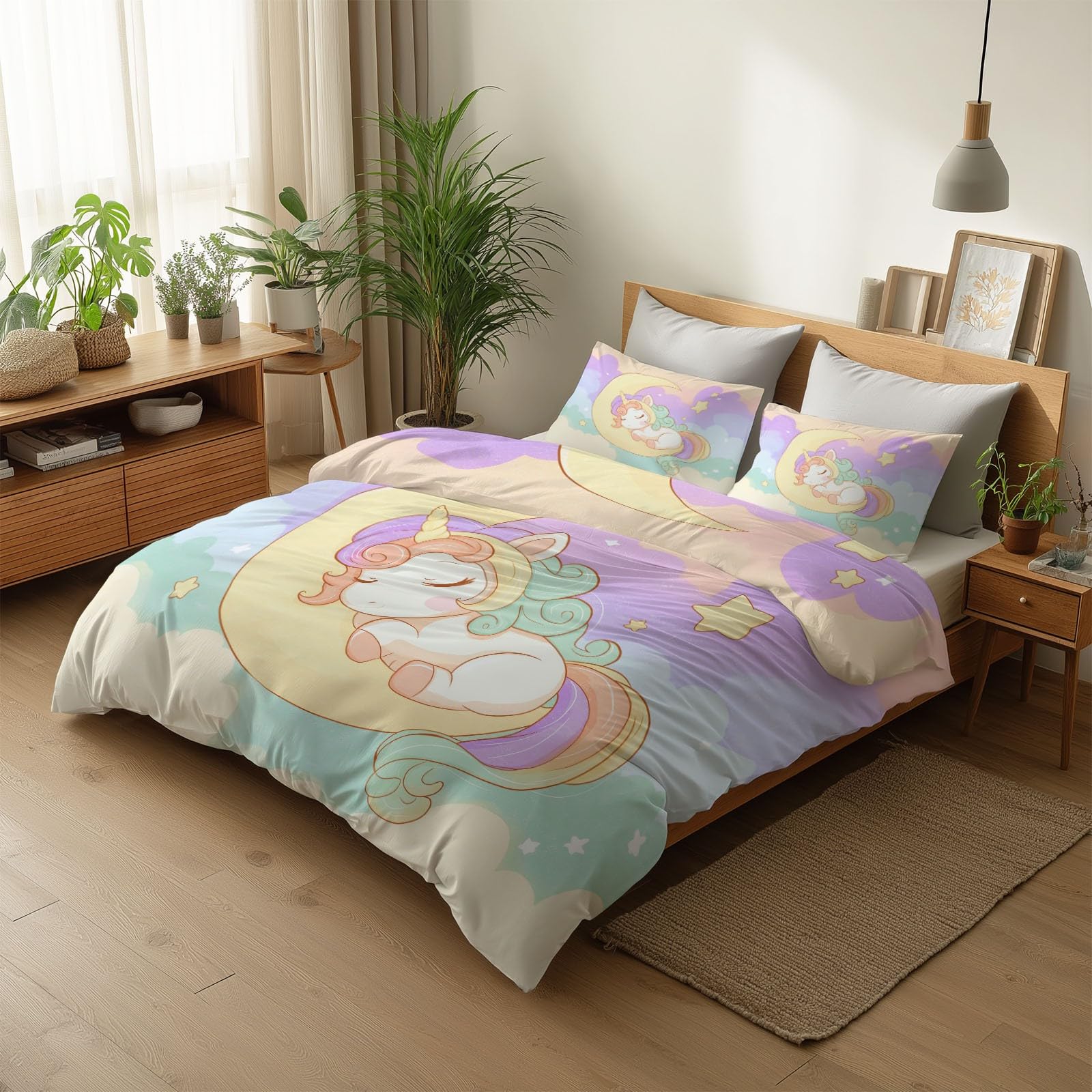 Poszwa na kołdrę małżeńska 180 x 220 cm Żółta, Zestaw pościeli z mikrofibry Kreskówka Księżyc Jednorożec, zawiera 1 poszewkę na kołdrę i 2 poszewki na poduszki 50 x 75 cm Dorośli chłopcy dziewczęta