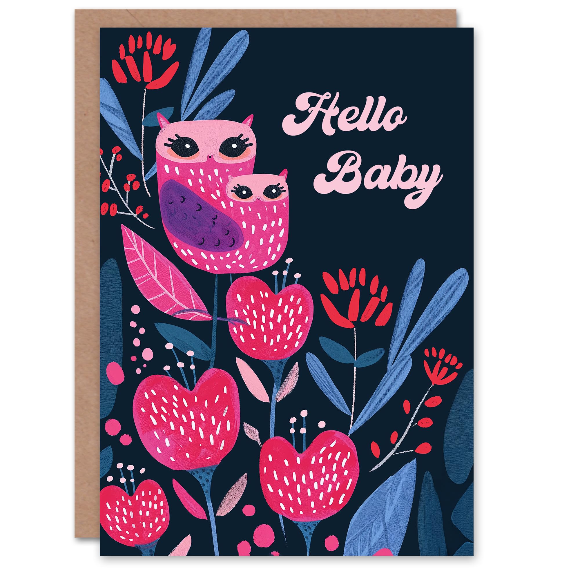 Artery8 New Baby Card Owl Mother and Child Cute Pink Blue Floral Design Blank Arty Art All Occasion Greeting Card