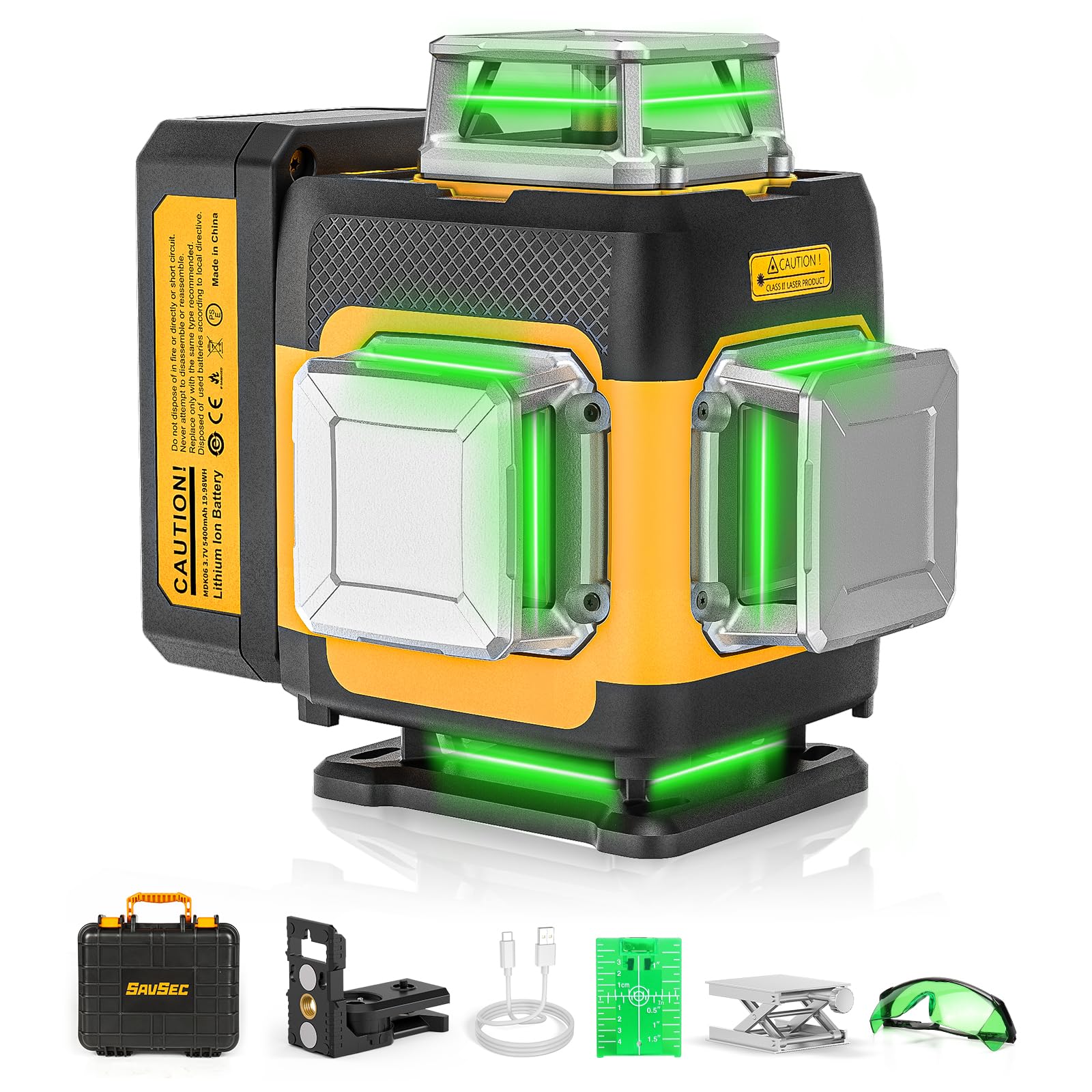 SAVSEC 4 x 360 Laser Level 360° Self Leveling, 4D High Brightness Rechargeable Lazer Level, with Pluse Mode for Outdoor, Hard Carry Case, Lift Base,