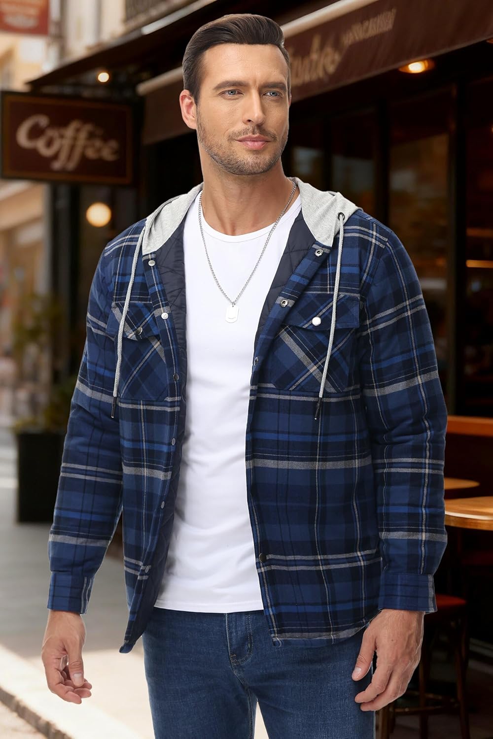 TACVASEN Men's Flannel Jacket with Hood Quilted Lined Plaid Shirts Jacket Cotton Long Sleeve Button Down Shirt Shacket - Image 3