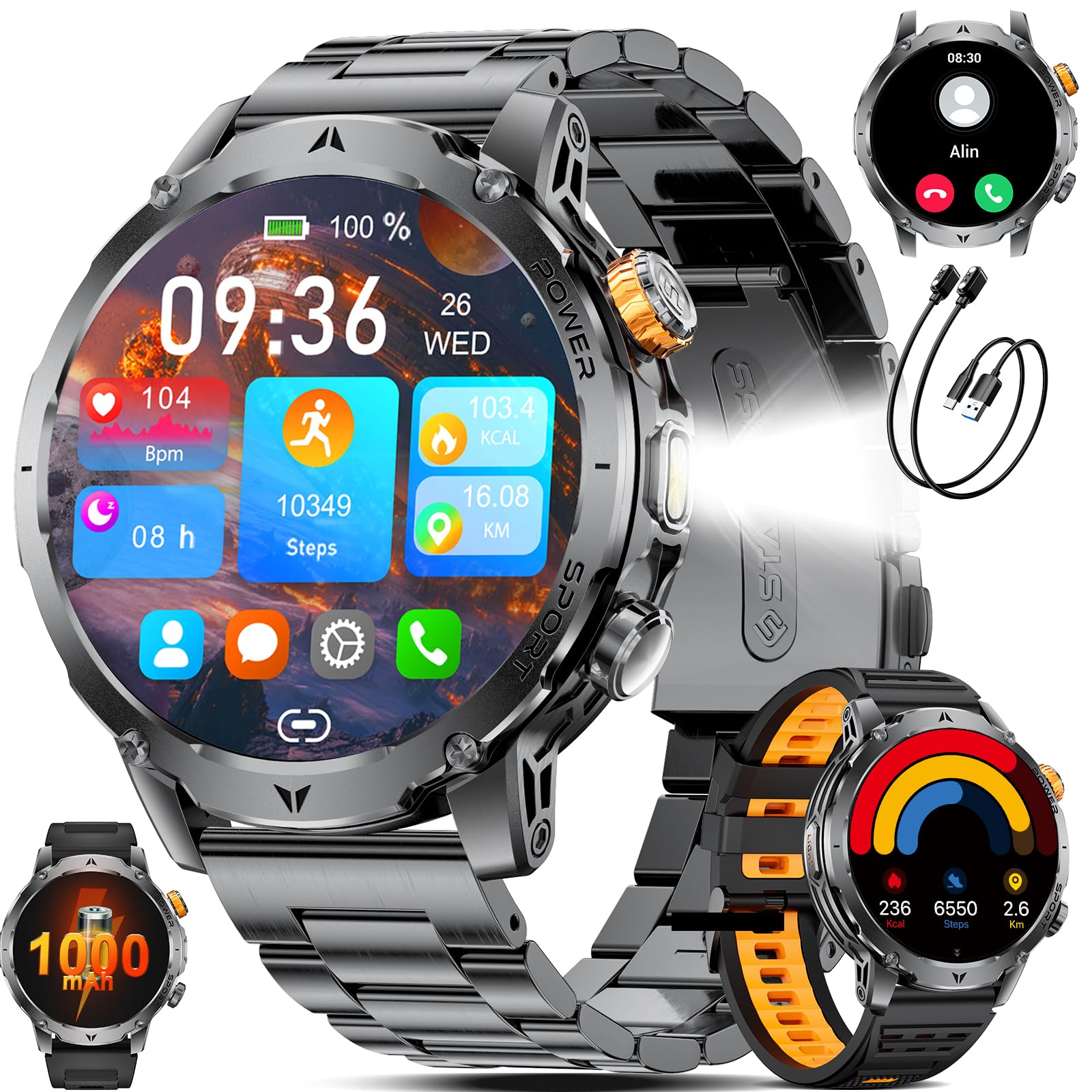 SUNKTA Montre Connectée Homme Militaire 1000 mAh Grande Batterie 1,7″ HD Appels Bluetooth Smartwatch pour iOS Android Moniteur de Fréquence Cardiaque/Sommeil/Lampe LED,3 Bracelets,2 Chargeurs,Gris