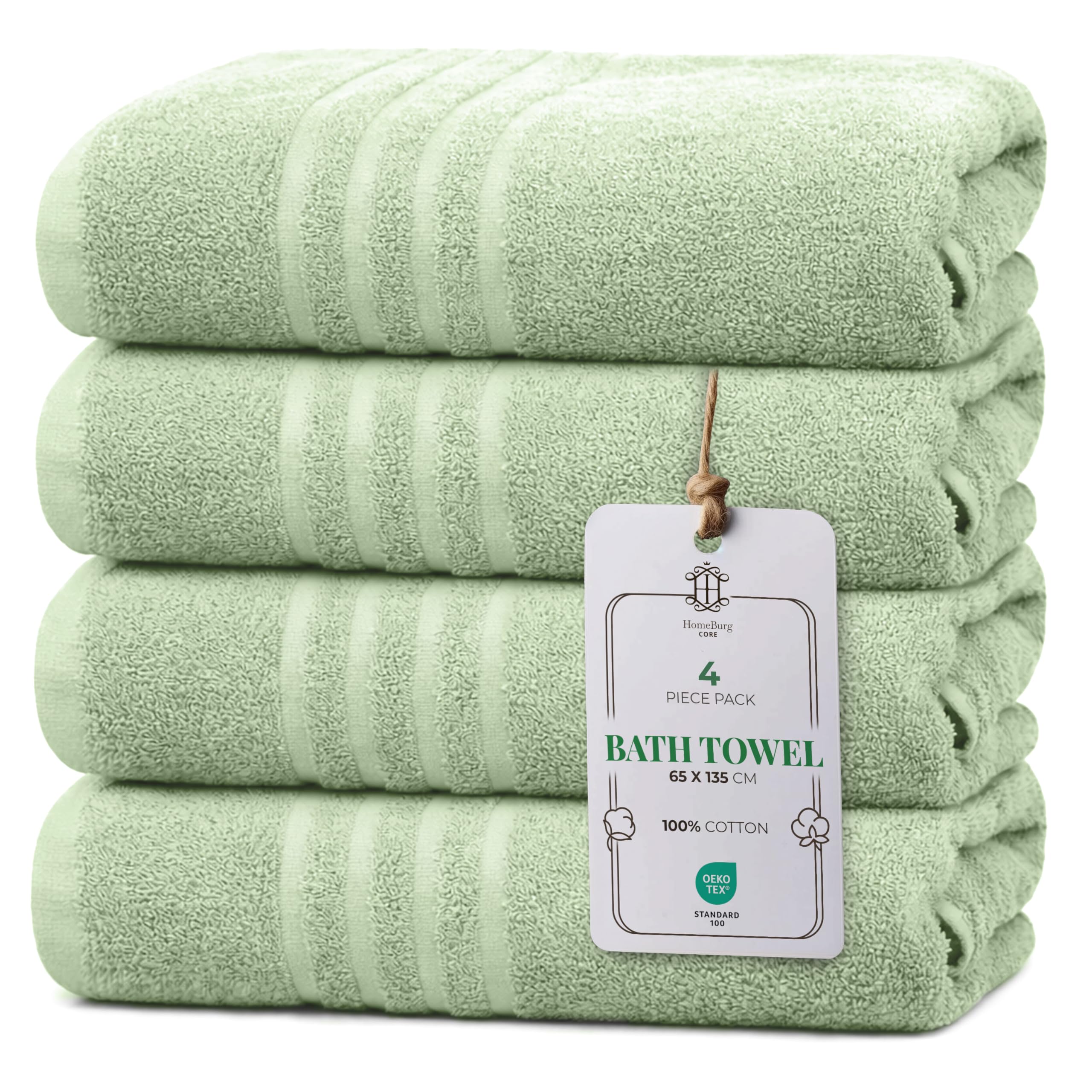 HomeBurg Core 4-Piece Towel Set โ Soft Cotton, Absorbent, Gentle on the Skin โ 65 x 135 cm, Moss Green