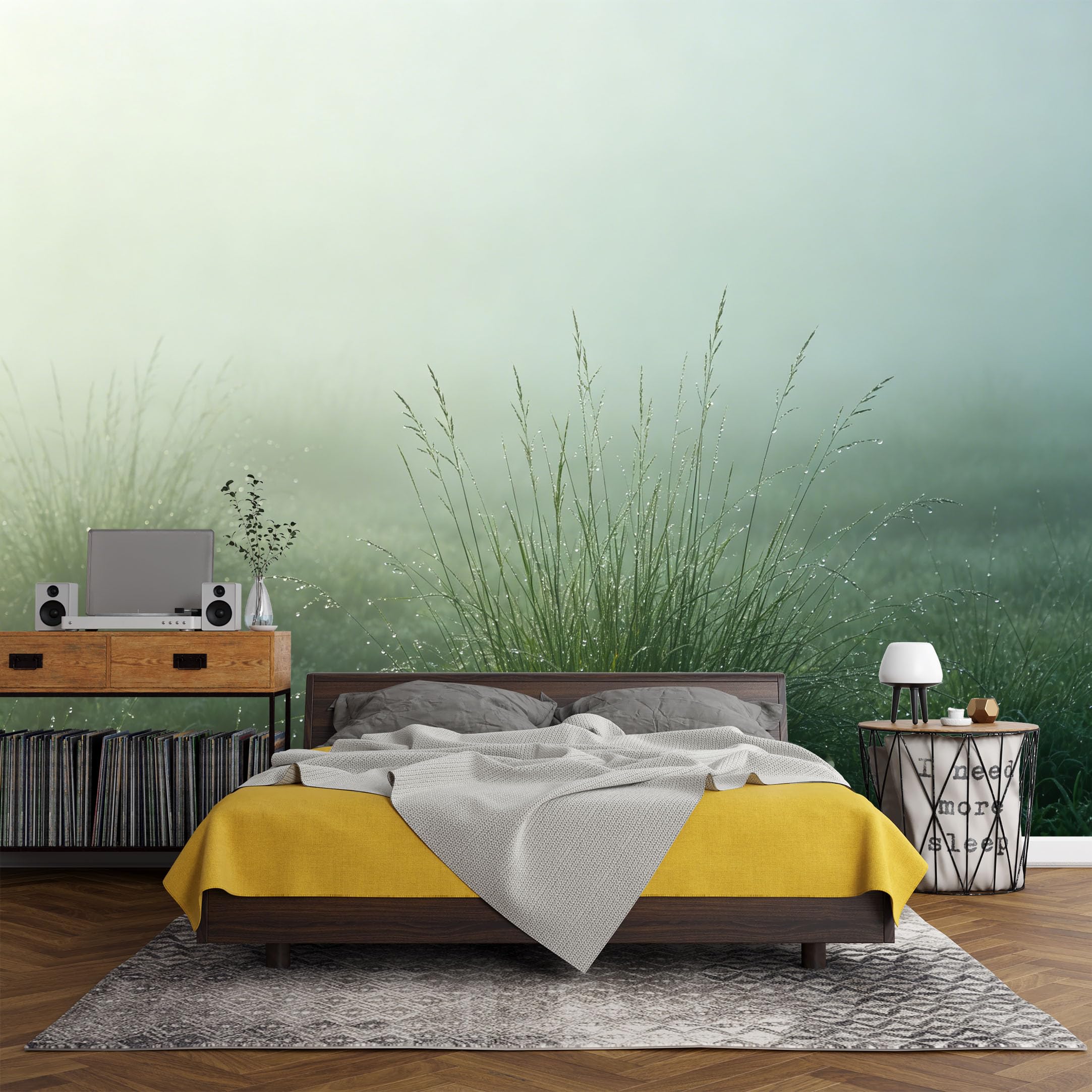 Custom Size Wall Mural， Botanical Misty Morning Dew Grasses Landscape，SelfAdhesive Art Prints wall Fabric (No PVC) Removable Wallpaper Living Room Decor
