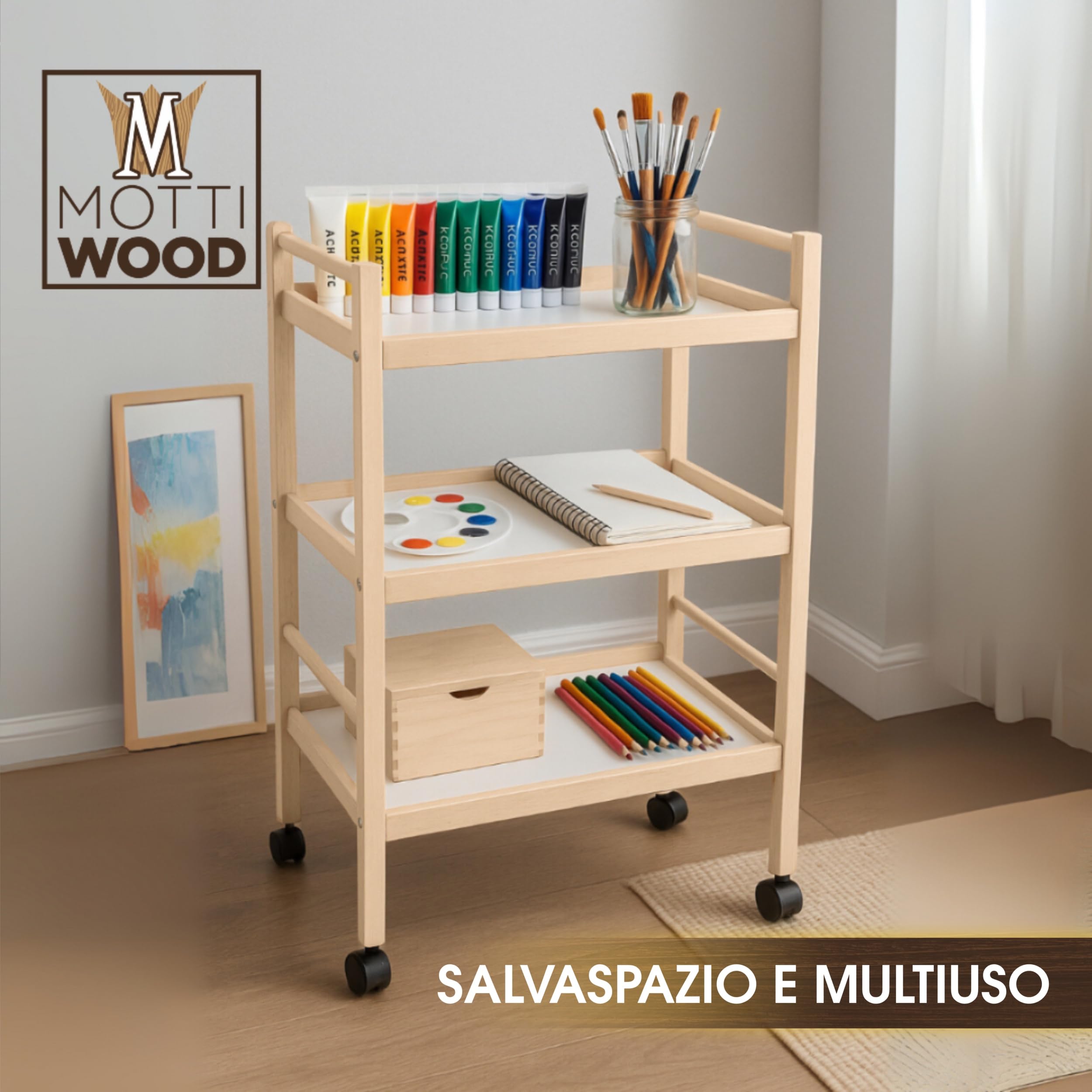 Carrello Multiuso, 3 Ripiani, 100% Legno Faggio, 28x40xh64.5 cm, Con Rotelle