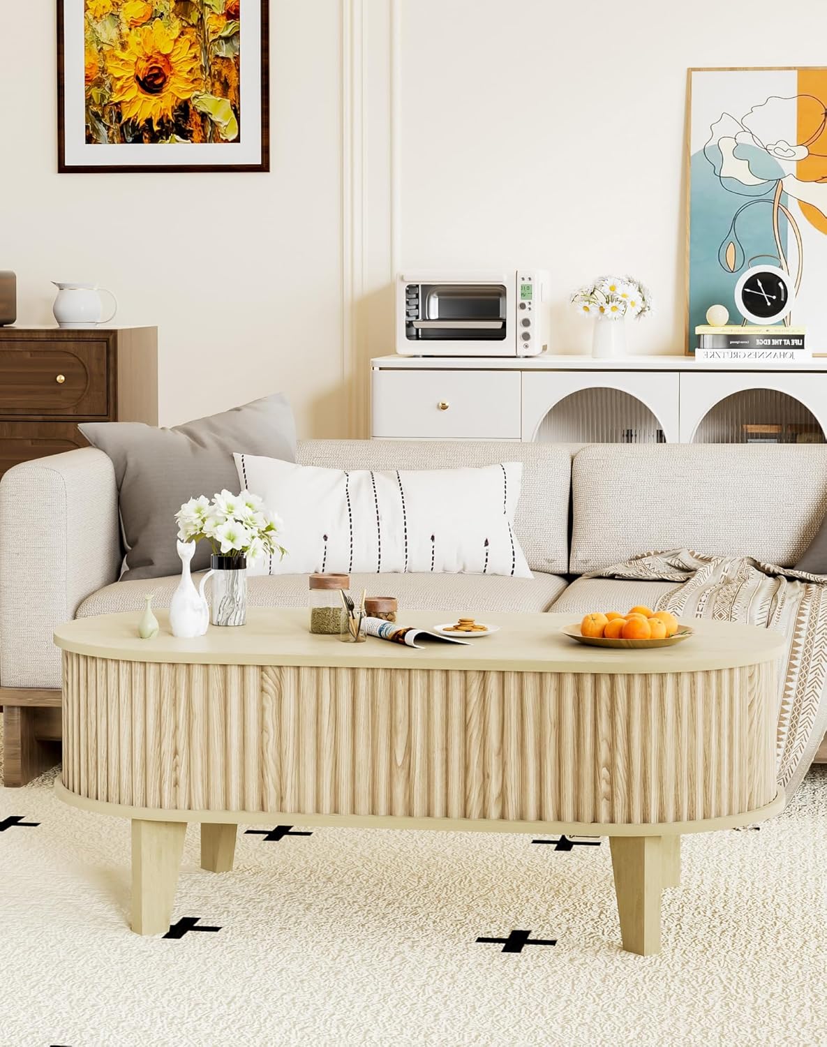 Oval Coffee Table with Lifting Top, 41" Fluted Coffee Table with Storage for Living Room or Home Office, Oak