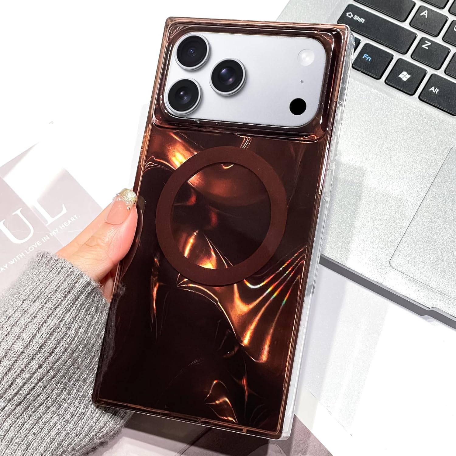 SAKUULO Magnetic Rectangle Case for iPhone 17 Pro Max Compatible with Magsafe, Laser Iridescent Sparkly Glitter Stylish Glossy Shockproof Protective Cover for Women Men- Laser Brown