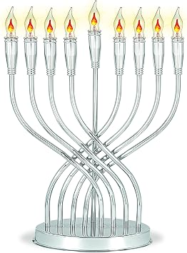 Large Branched Electric Menorah Chrome-Plated Polished 15" Tall x 12.5" Wide Hanukkah Menorah with 9 Flickering Lights Flameless Chanukiah for Offices Banks, or Homes