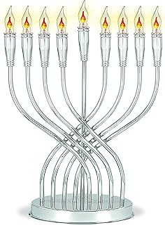 Large Branched Electric Menorah Chrome-Plated Polished 15" Tall x 12.5" Wide Hanukkah Menorah with 9 Flickering Lights Flameless Chanukiah for Offices Banks, or Homes