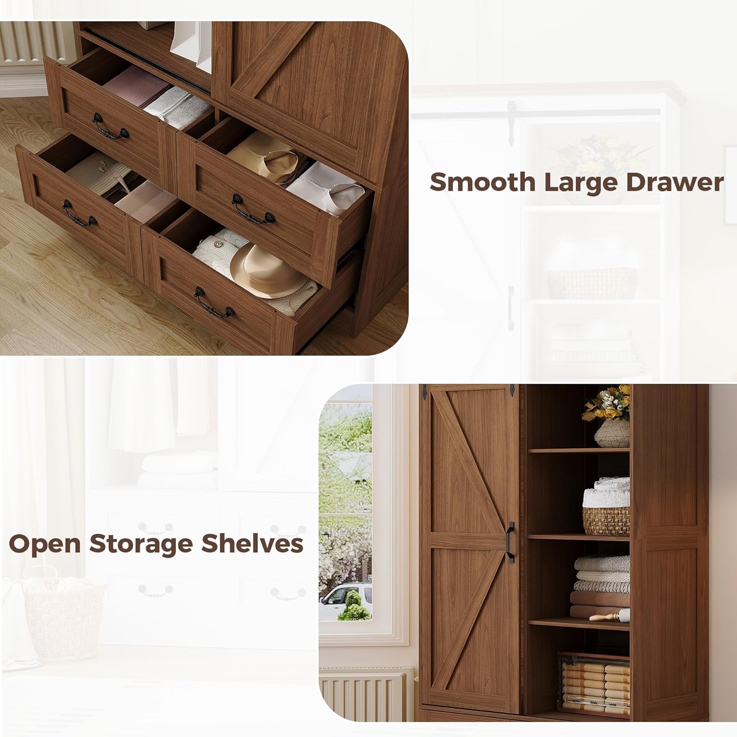 IRONCK Armoire Wardrobe Closet with 4 Drawers,71" Wardrobe Cabinet with Sliding Barn Doors, Tall Clothing Storage Cabinet with Hanging Rod and Shelves for Bedroom,Walnut