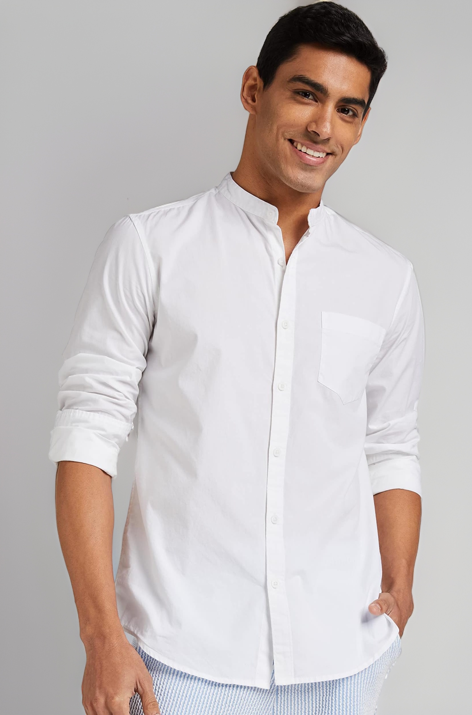 Amazon Brand - Symbol Men's Cotton Shirt | Chinese Collar | Casual | Plain | Full Sleeve | Summer - Regular Fit (Available in Plus Sizes)