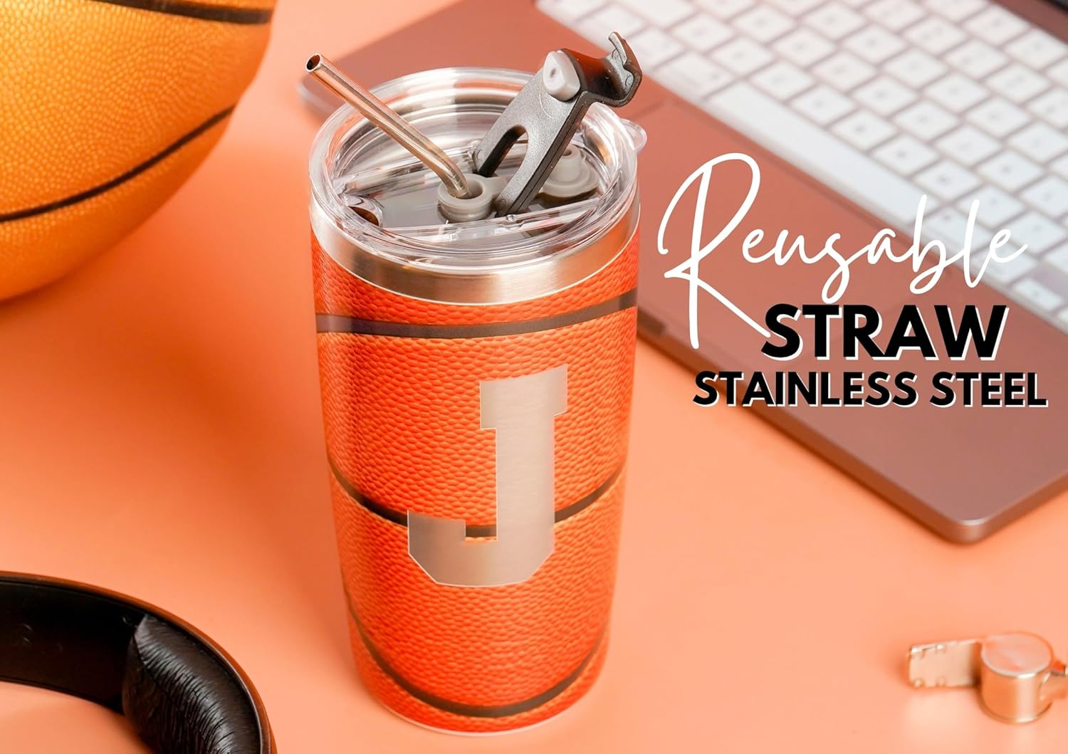 Onebttl Personalized Basketball Gifts for Teen Boys, Men, Coaches, 20oz Stainless Steel Tumbler with Laser Etched Initials for Basketball Players, Lovers, Orange - J - Image 3