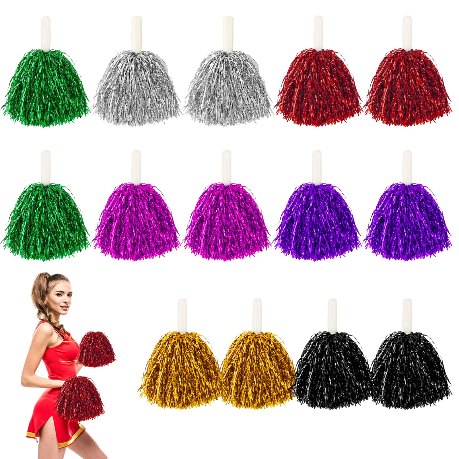 14 pompon da cheerleader, per eventi sportivi, danza, feste, eventi di squadra, 14 pezzi, rosso, verde, rosa, viola, argento, oro, nero