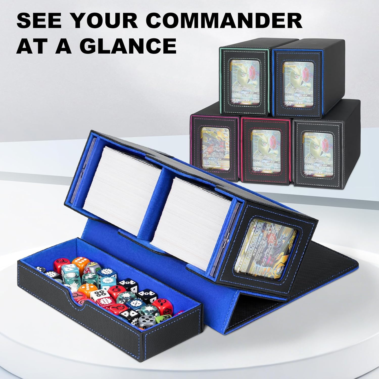 Card Deck Box for MTG Commander, Deck Display Case Holds 200+ Double-Sleeved Cards, 35pt Card Brick & Dice Tray, Storage Box For TCG CCG Sports, Black&Blue