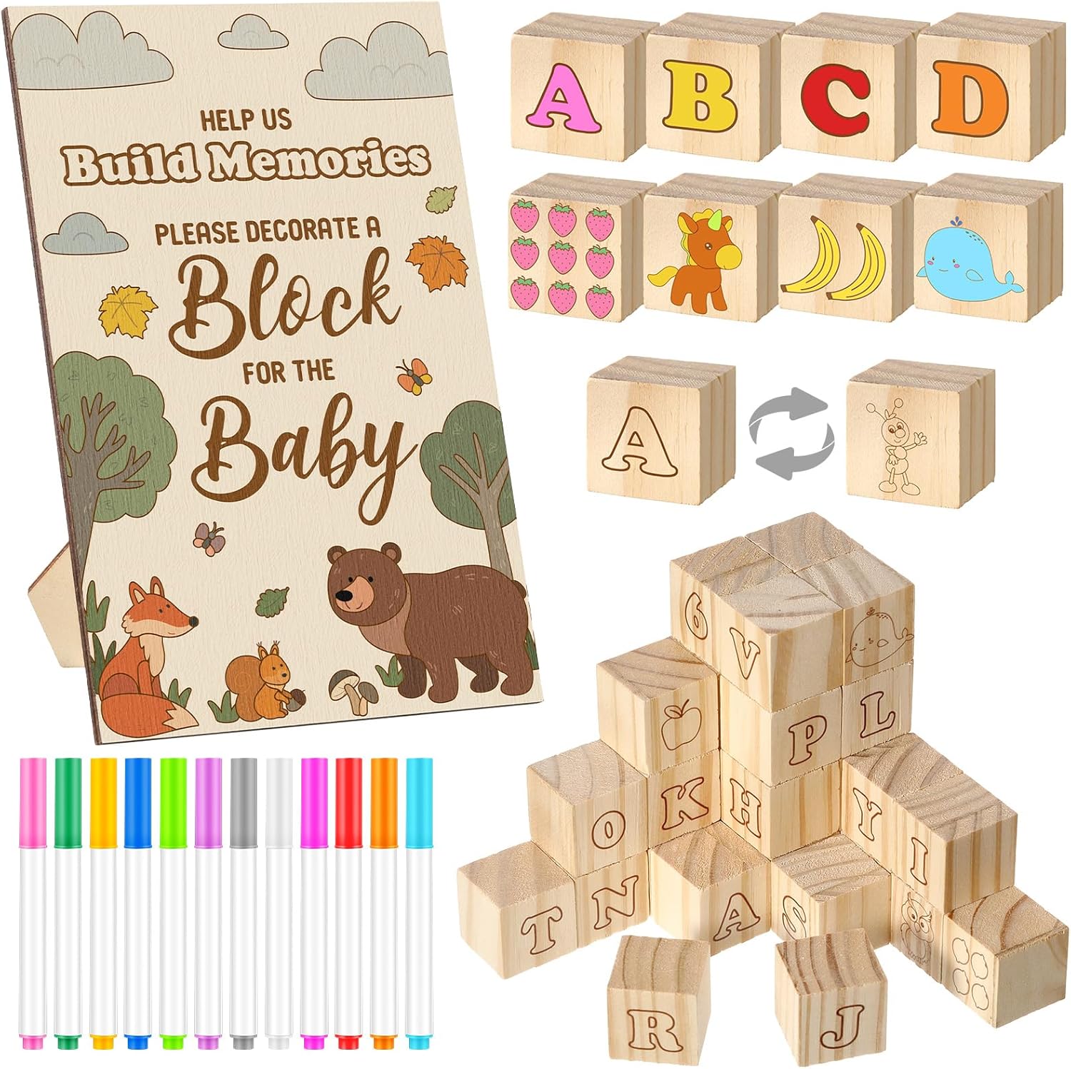 Watersay Baby Shower Games Sign Kit: 36 Alphabet Blocks, 4 Wooden DIY Blocks, Frame & 12 Markers for Gender Reveal (Animal Style)