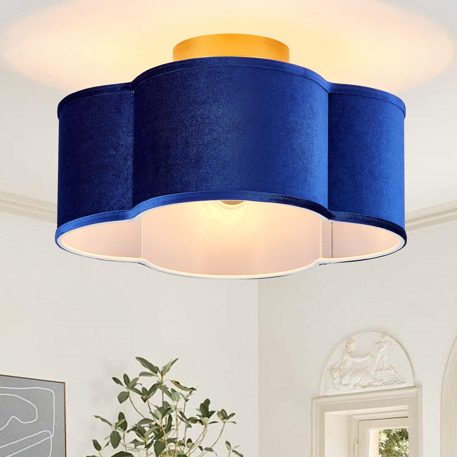 VILUXY Modern Semi Flush Mount Ceiling Light Fixture Blue and Gold Ceiling Lights with Velvet Fabric Shade 4-Light