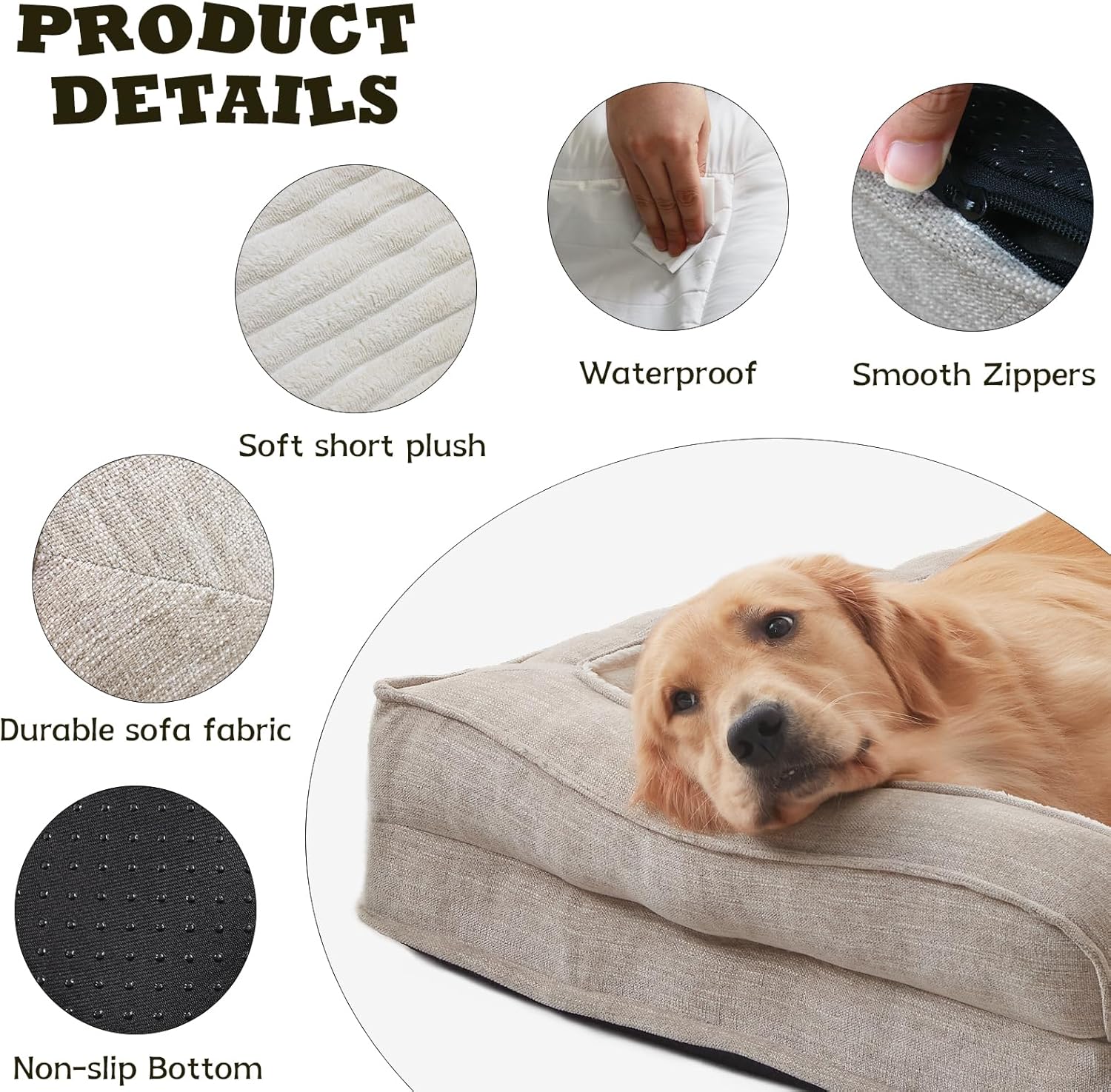 WINDRACING Orthopedic Dog Beds for Small Dogs, Waterproof Egg Foam Dog Sofa Bed with L Bolster Sides, Washable Small Pet Bed with Removable Cover & Non-Slip Bottom, 30 x 20 inch, Beige