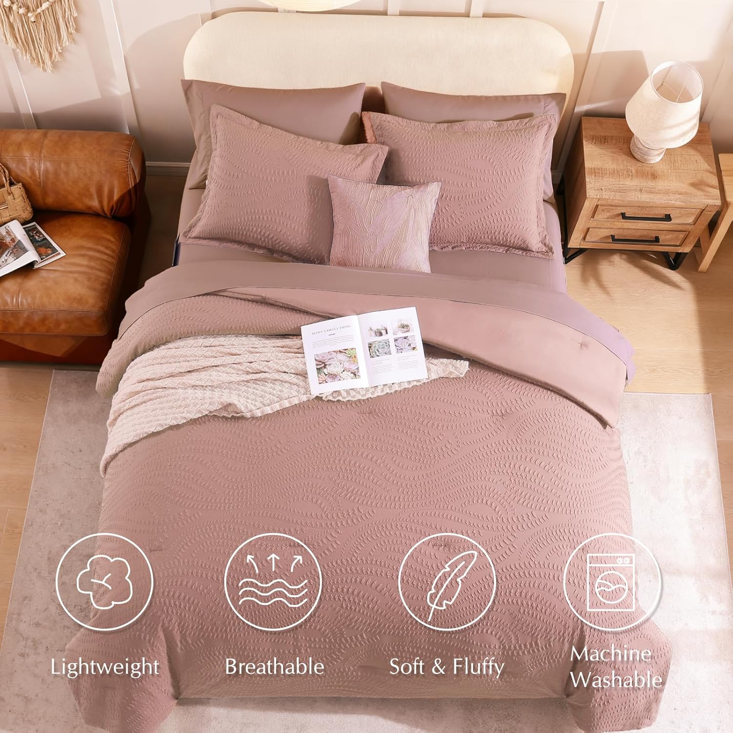 Geniospin King Size Comforter Set - 7 Pieces Dusty Pink Bedding Set, Botanical Textured Comforter Bed Set, All Season Lightweight Bed in a Bag with Comforter, Sheets, Pillowcases & Shams - Image 8