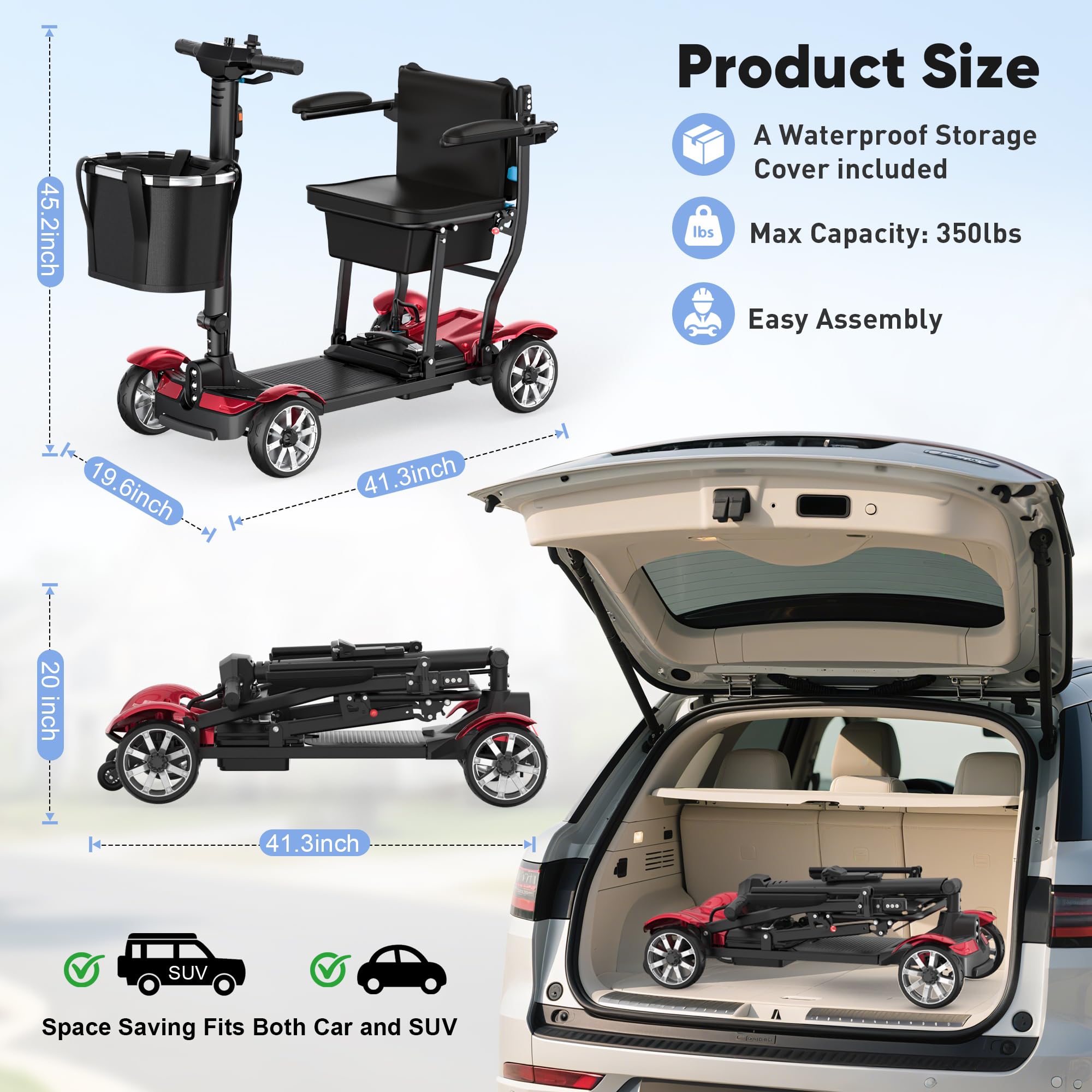 4 Wheels Mobility Scooters for Seniors, 39LBS Light Frame&350LBS Capacity&30 Miles Travel Range&270W Brushless Motor Powered Wheelchair Folding Electric Scooter&LED Lights&Dust Cover&Auto Brake-Red