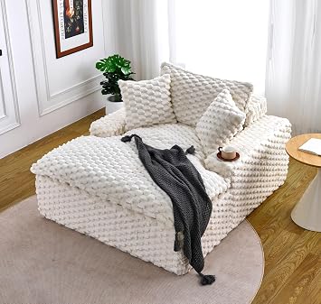 Kurhwyss Oversized Chaise Lounge Chair Indoor, Plush Corduroy Sleeper Chair with 3 Pillows, Comfy Boneless Cloud Couch Upholstered Floor Sofa Bed for Living Room, Bedroom, Reading Room White