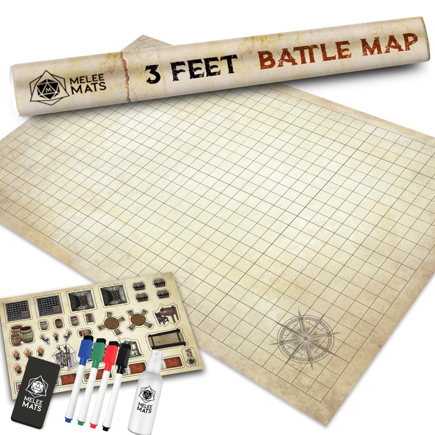 Melee MatsDND Map Starter Kit - 24” x 36", Wet/Dry Erase Battle Terrain Grid - Ultimate Tabletop Gaming Experience with Accessories
