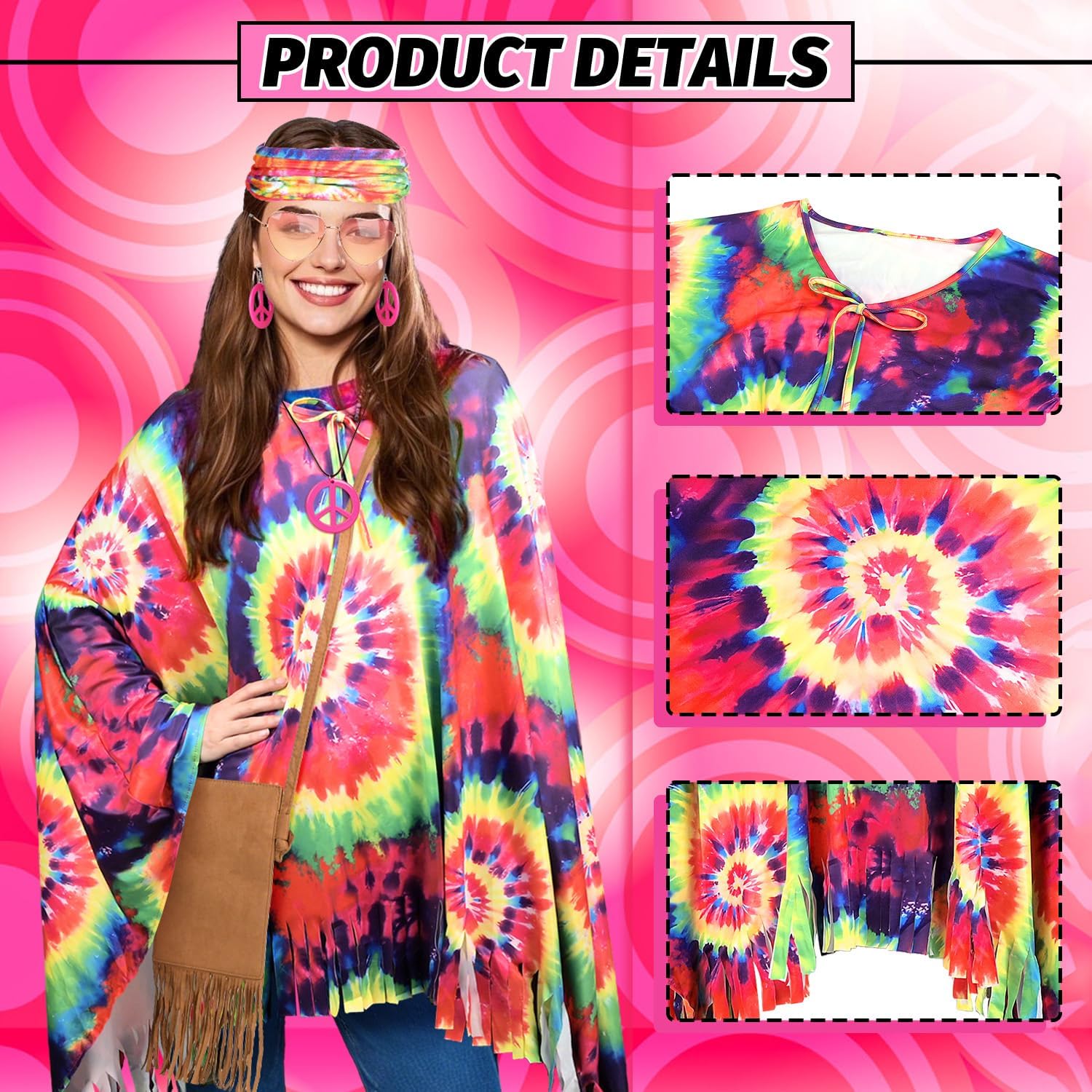 MOVINPE 70s Hippie Costume for Women Accessories Set, Tie Dye Poncho Fringe Bags Flower Crowns Headbands Sunglasses Peace Sign Necklace Earrings 60s Costume Halloween Retro Outfit - Image 3