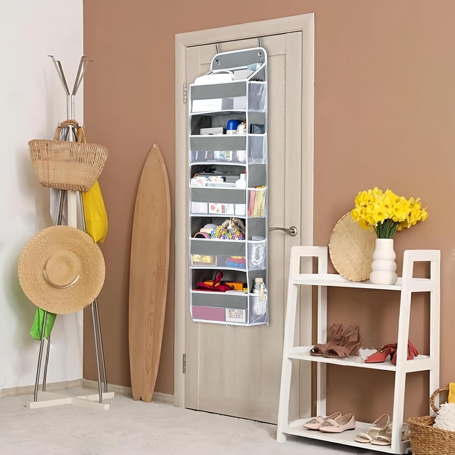 Over the Door Organizer, Large Capacity Closet Door Hanging Organizer with 5 Bins 10 Side Pockets, Hanging Bathroom and Bedroom Organizer for Bedroom, Bathroom, Pantry, Nursery