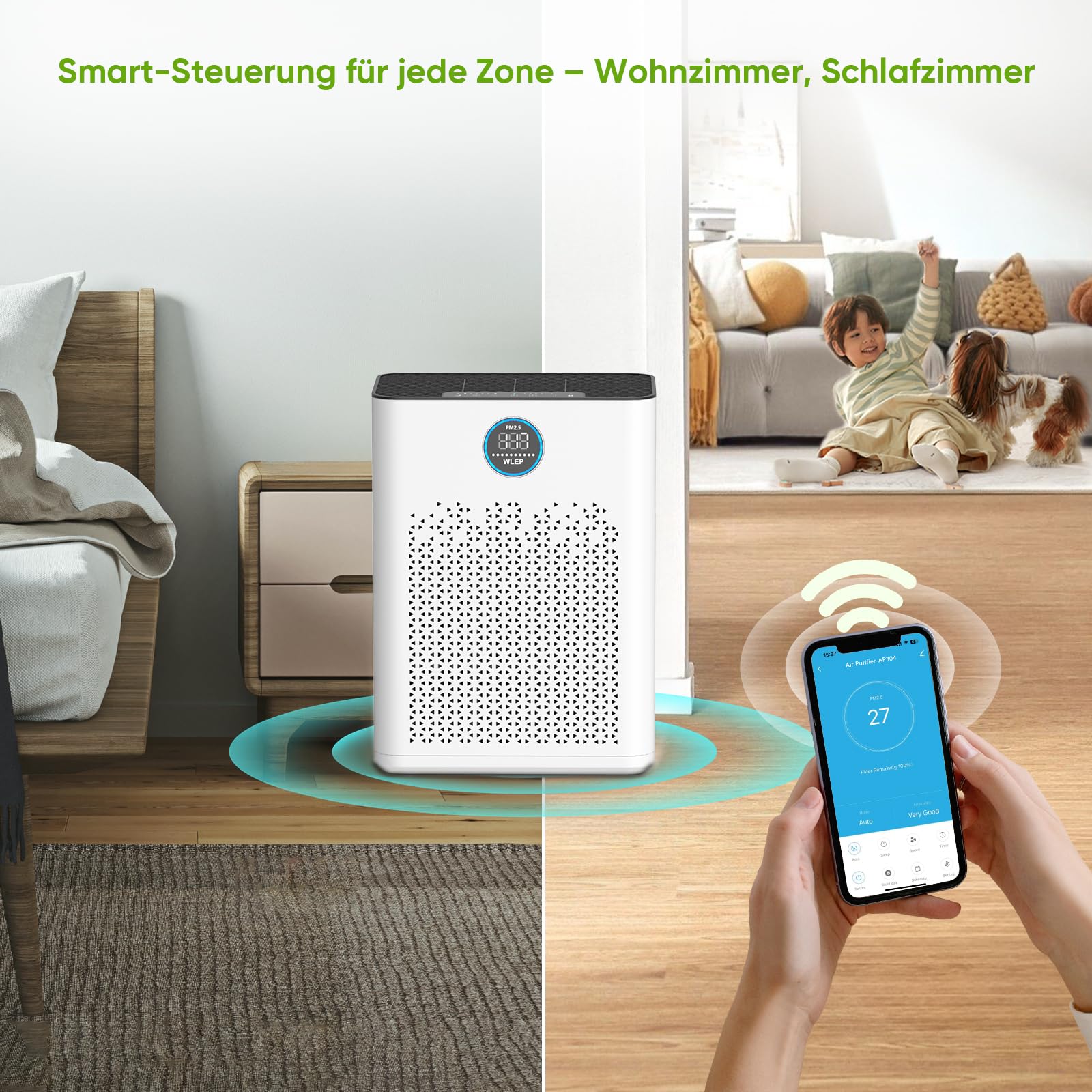 Luftreiniger mit App & Alexa, H14 HEPA Aktivkohlefilter, Smart Luftreiniger für Allergiker, gegen Pollen, Staub, Tierhaare & Gerüche, leiser Schlafmodus, Auto-Modus für Schlafzimmer & Wohnung
