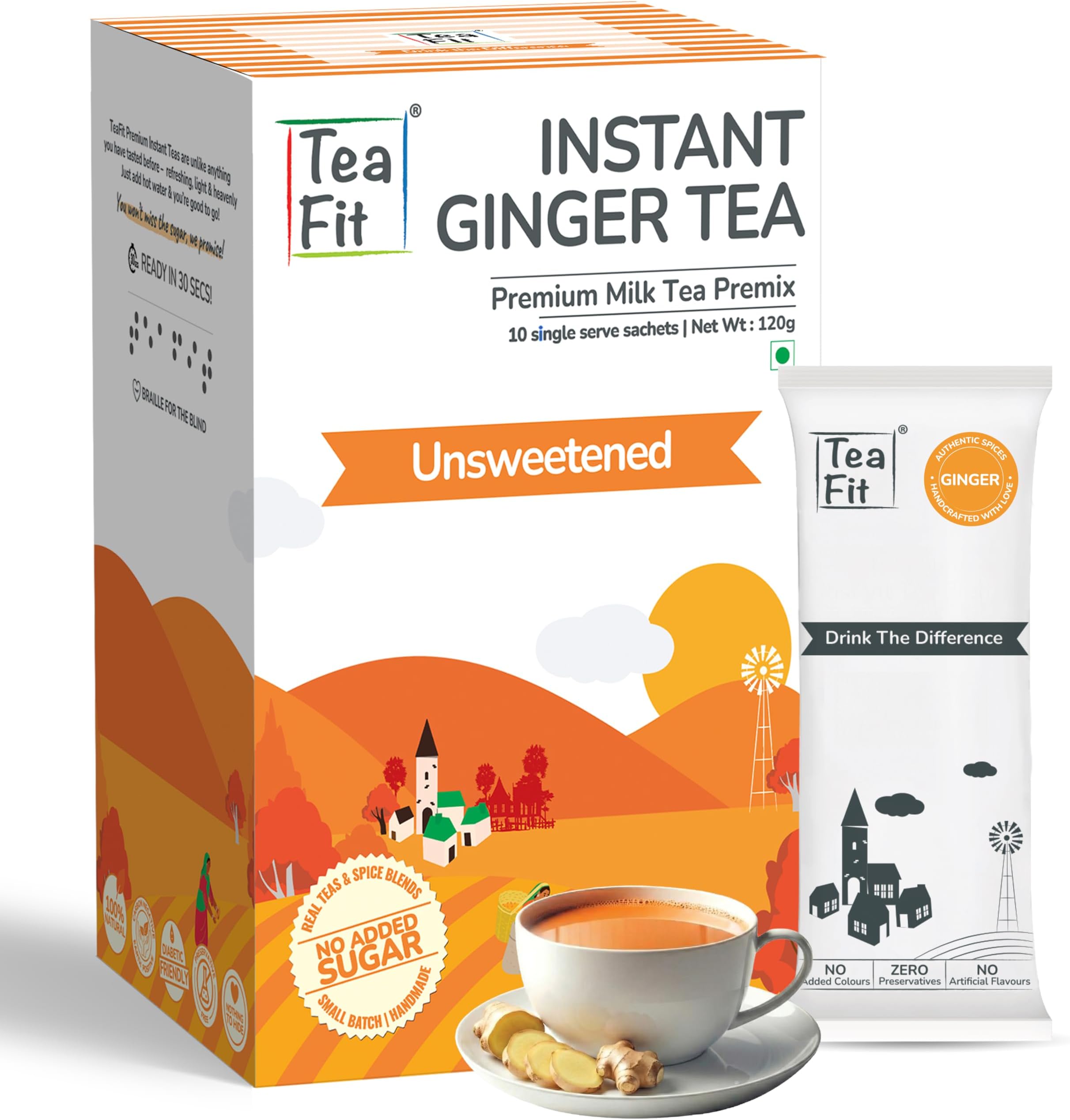 TeaFit Premium Unsweetened Ginger Instant Tea Premix (10 Sachets)|Instant Milk Tea Premix|Strong Home Like Adrak Kadak Chai|Ready To Drink|Diabetic Friendly|No Added Sugar - Ginger, 140 Gram