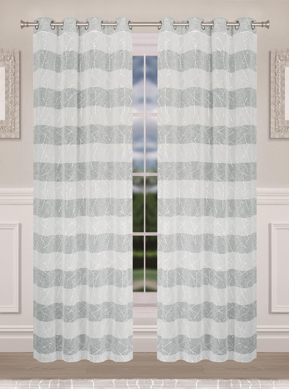 Cortina de interior 140 x 280 cm Art Geo, bordados geométricos bicolor blanco y gris, crema y crema, tela semitransparente, 8 ojales de hierro forjado, efecto lino (blanco y gris)