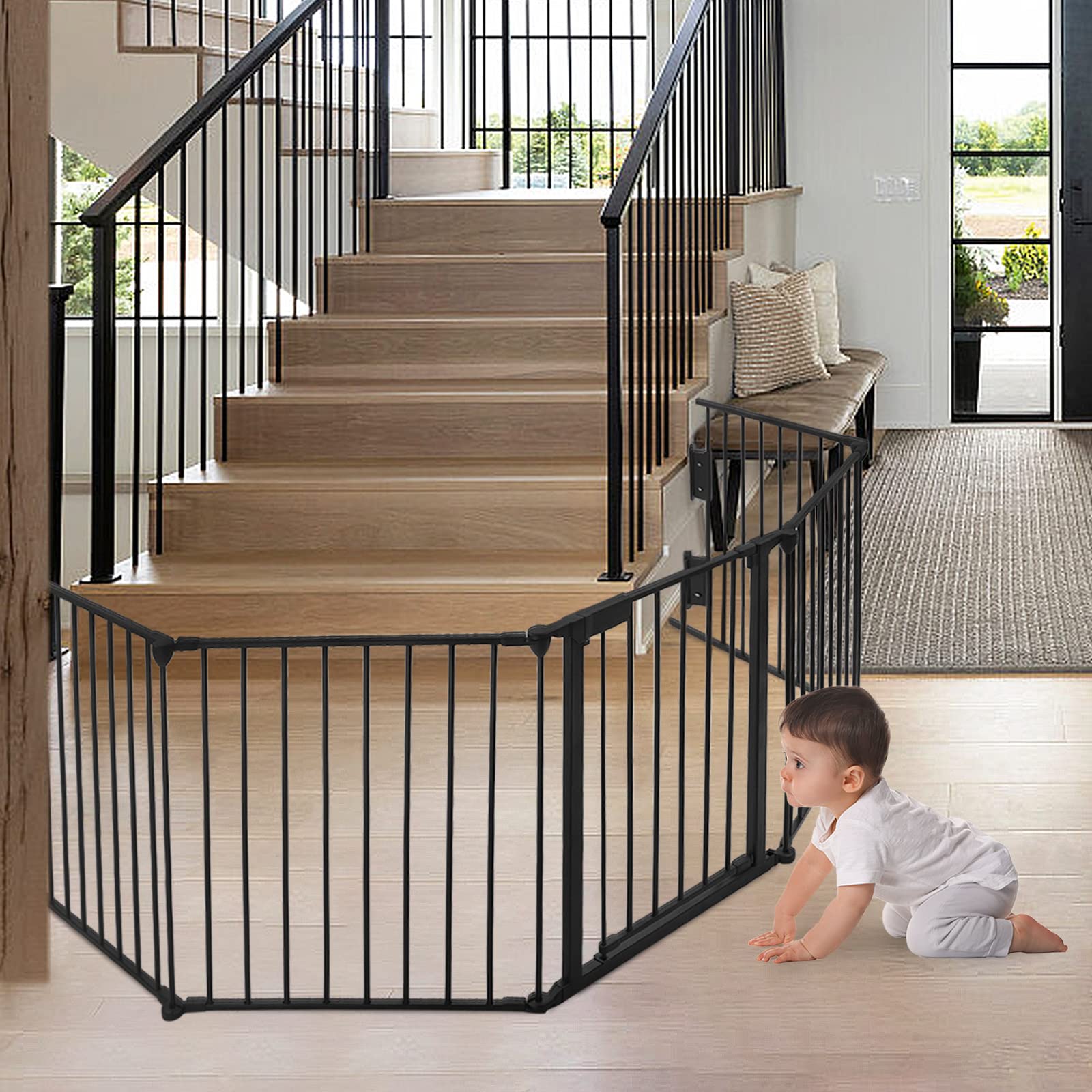UISEBRT Cancelletto di Protezione per Camino, Sicurezza Barriera Protettiva Pieghevole per Bambini, Cani, Animali, Stufa, 300 x 75 cm, 4 pezzi, Nero