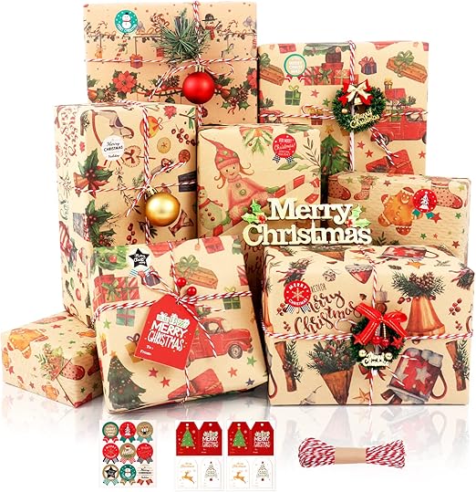 Christmas Wrapping Paper, 8 Sheets Cute Kraft Xmas Wrapping Paper Set