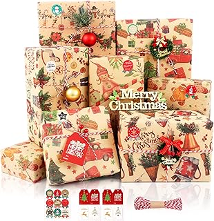 Christmas Wrapping Paper, 8 Sheets Cute Kraft Xmas Wrapping Paper Set with Tags Stickers and Paper Rope, Christmas Wrapping Papers for Gifts Arts Crafts Decorations (50x70CM)
