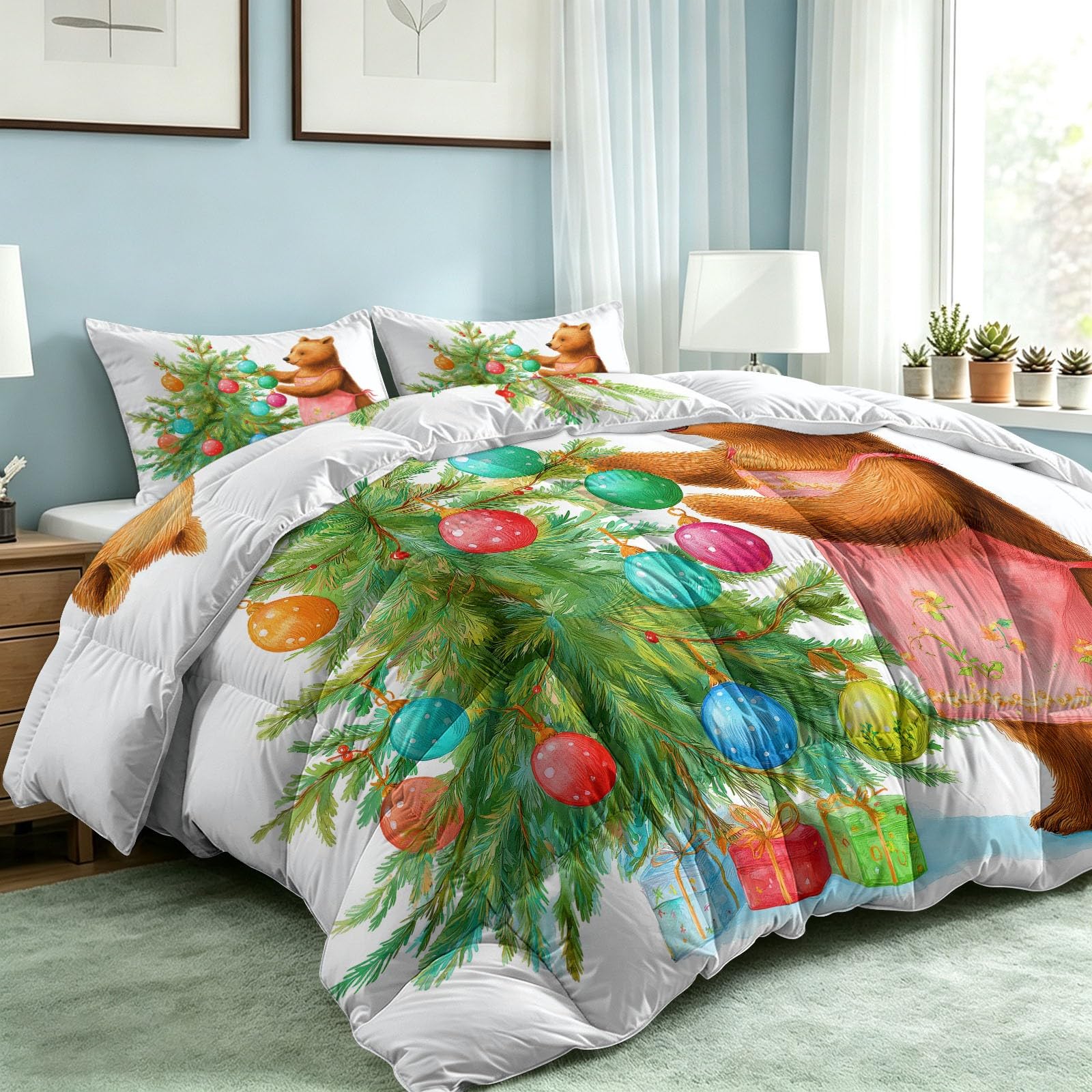 Sommerdecke ohne bezug 155x220 cm Weihnachtsstil Tiere Pflanzen Antiallergisch Leichtsteppbett & Ganzjahresdecke - Waschbar mit 2 Kissenbezügen Kiefer Baum Kugeln Bär Weiche und Atmungsaktive Wende