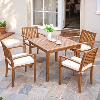 Flamaker 5-Piece Acacia Wood Outdoor Patio Dining Set with Cushions - Table & 4 Chairs for Deck, Garden, Backyard