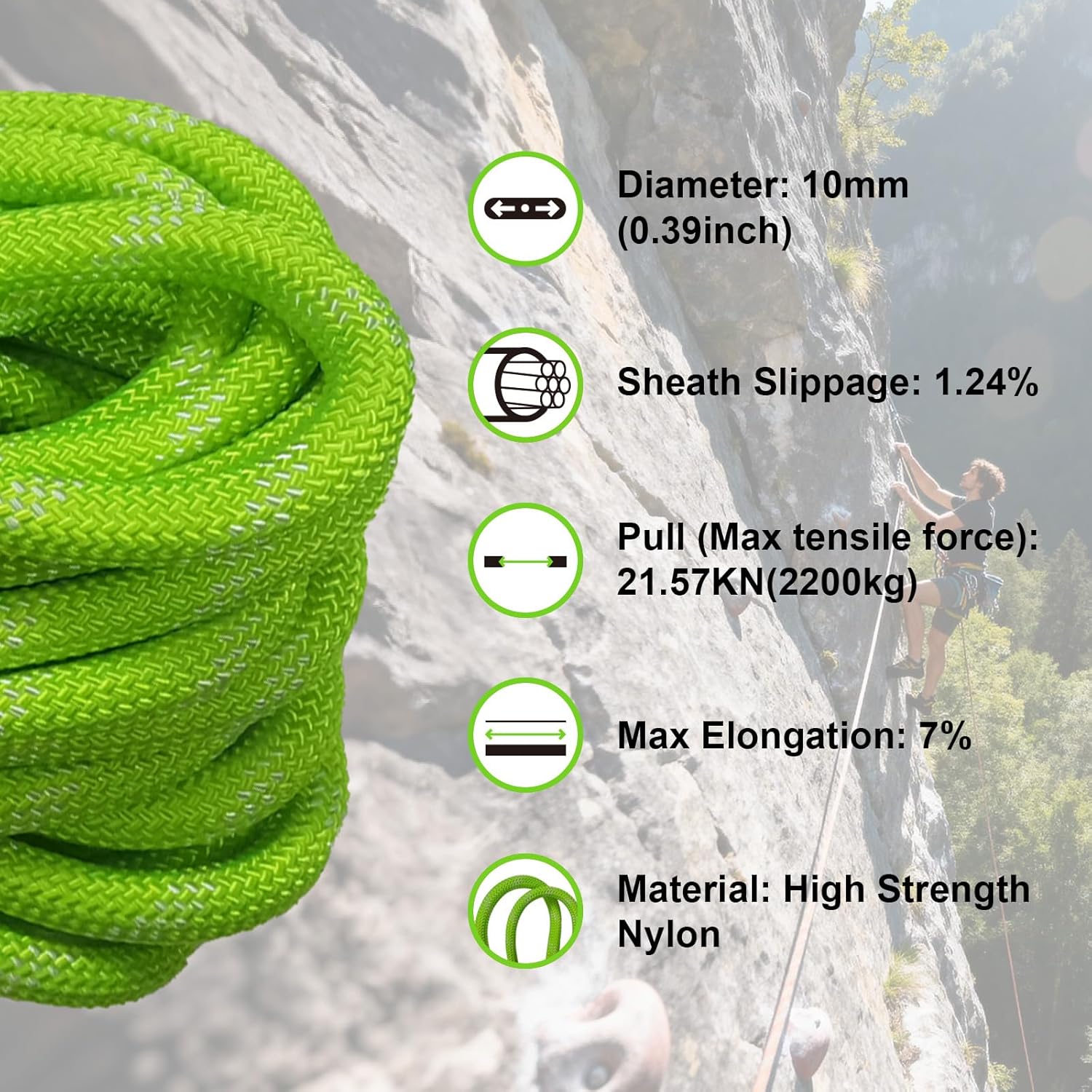 Climbing Rope 295ft(90m) Outdoor Static Heavy Duty Rappelling Rope 1/2 inch(12mm) for Escape Rope Ice Climbing Equipment Fire Rescue Parachute