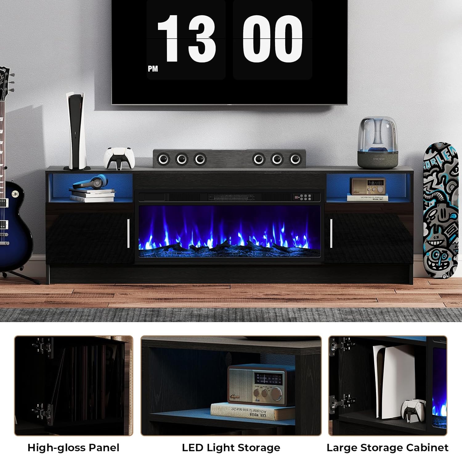 Fireplace TV Stand, 70 inch TV Stand with 36" Electric Fireplace, LED Light Entertainment Center with High Glossy Door, TV Console for Living Room, Black