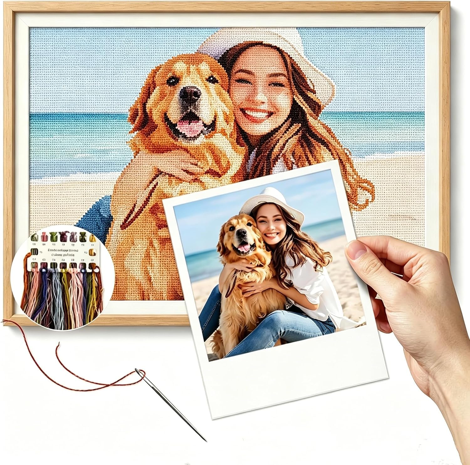 Gofission Custom 11ct Stamped Cross Stitch Kits for Adults Beginners, Personalized Your Own Photo DIY Pre Printed Embroidery Set with Accessories (16×16 inch)