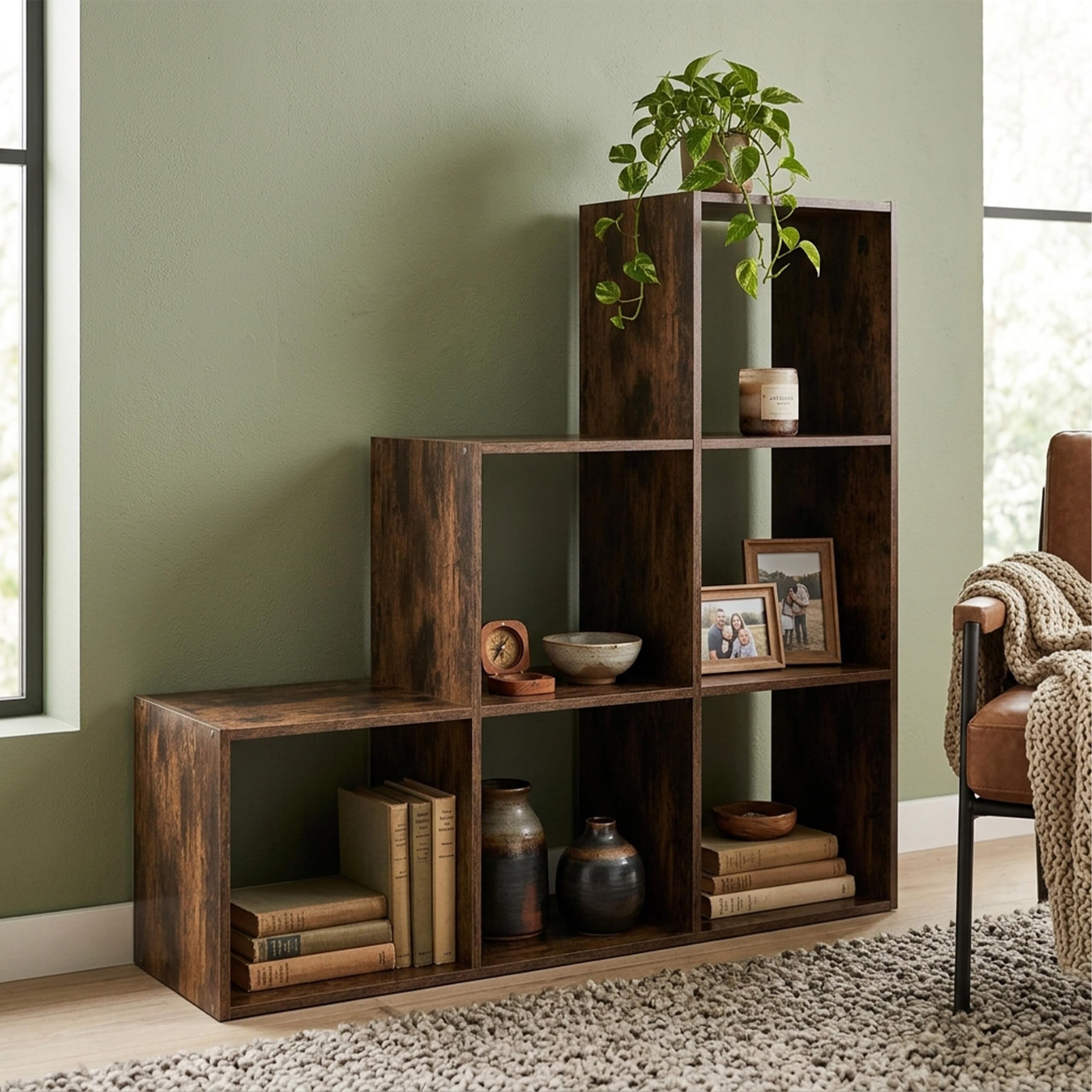 Relaxdays Scaffale a gradini, 6 Scomparti, HxLxP: 97,5x97,5x29 cm, sottotetto, libreria Salotto, Marrone Vintage