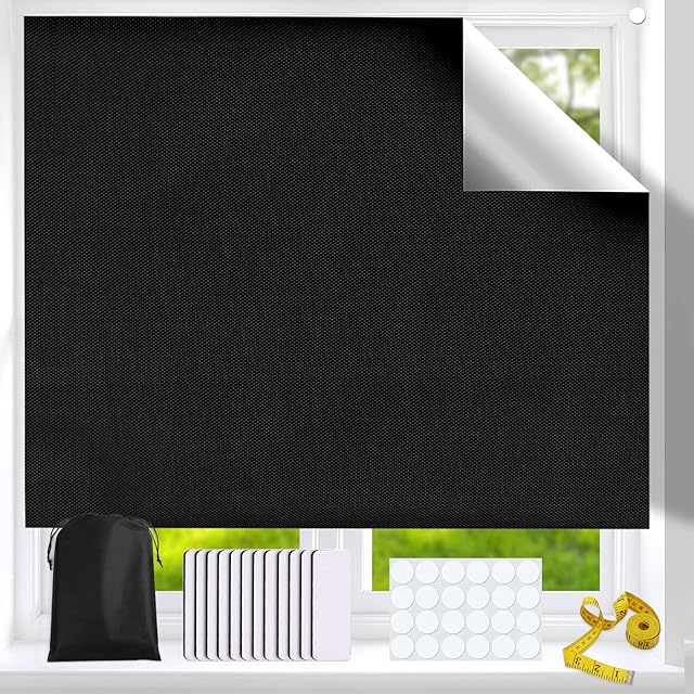 RUMIXI Portable Blackout Blind, 100% Blackout Material 300x145cm Cut to Size Blackout Blinds Stick On Window No Drill Blinds with 36 Adhesive Tapes Blackout Blinds for Bedroom, Nursery, Loft, Travel
