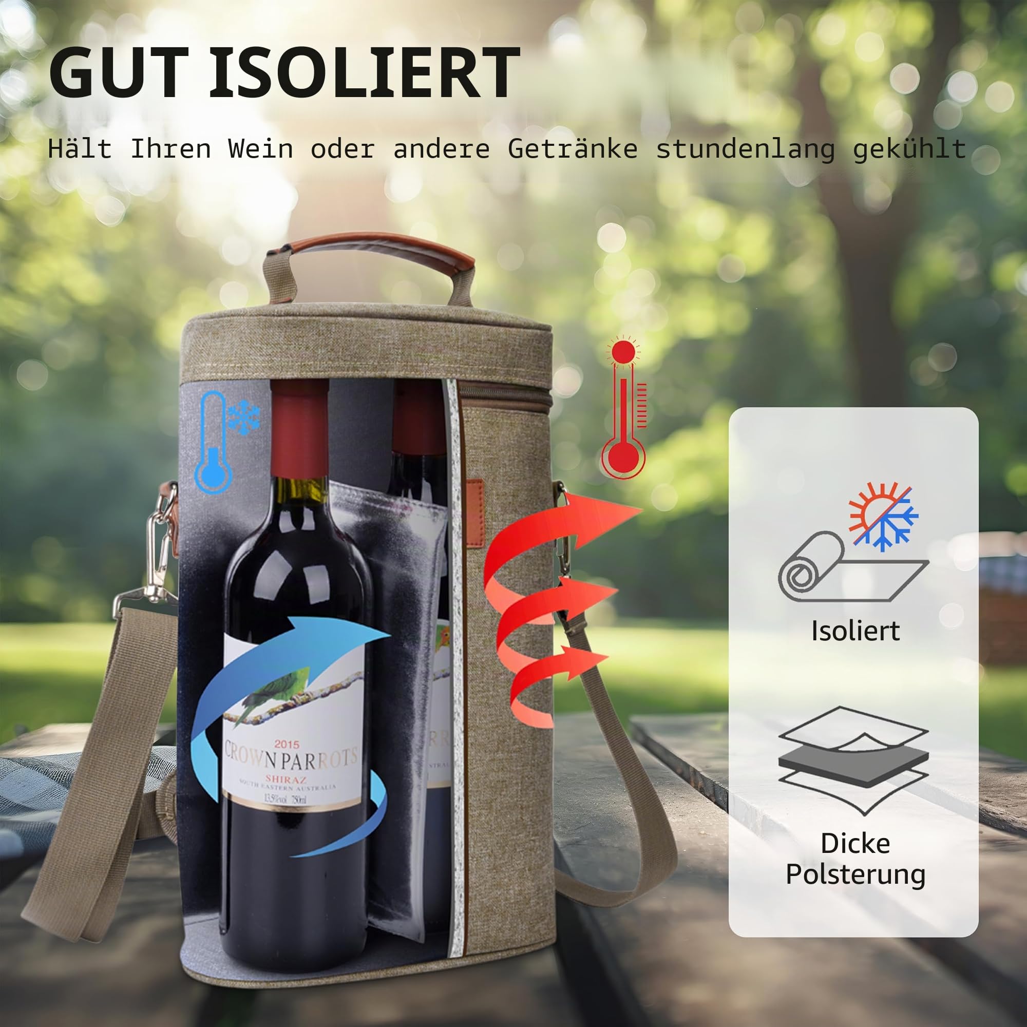 Kato Flaschentasche für 1 Flasche Kühltasche für Wein Bier Getränke Outdoor Tragetasche mit Trennwand Griff Schultergurt Gratis Korkenzieher