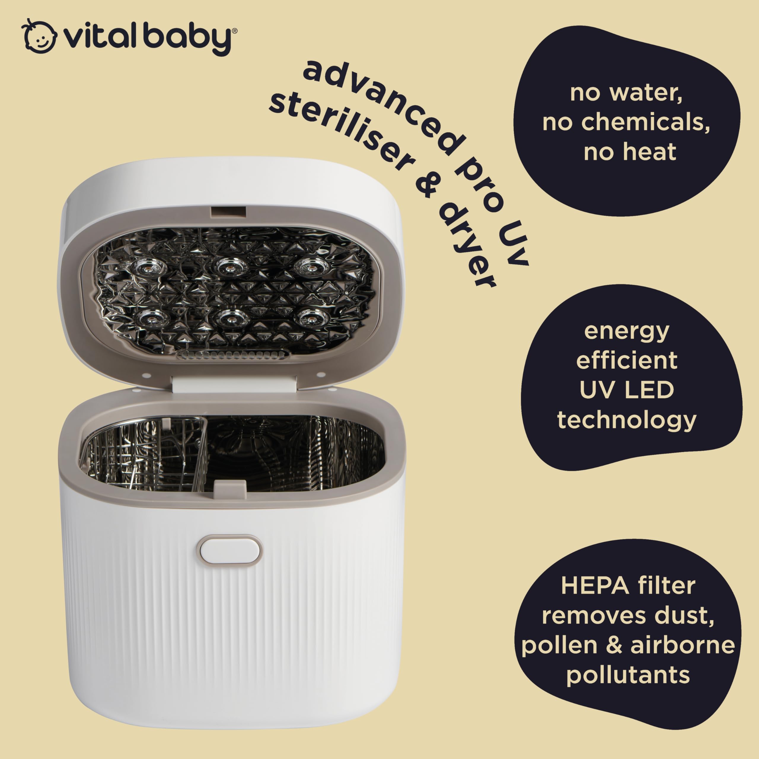Vital Baby UV Babyflasche Sterilisator & Trockner Elektrischer Sterilisator für Flaschen, Milchpumpen, Schnuller & Zubehör Kein Wasser, Dampf oder Chemikalien - 5 Minuten Schnellzyklus, tötet 99,99%